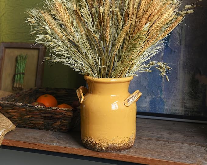 Quoowiit Ceramic Rustic Farmhouse Vase, Distressed Decorative Flower Vases for Home Decor, Ideal Shelf Decor, Yellow Boho Vase for Living Room Bedroom Kitchen Office Centerpiece Table Decorations