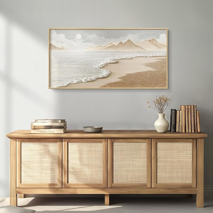 Framed Neutral Coastal Beach Wall Art for Living Room, Large Boho Ocean Canvas Artworks for Walls, Horizontal Abstract Minimalist Coastal Art Print for Bedroom Kitchen Office Wall Decor, 24x48 Inch