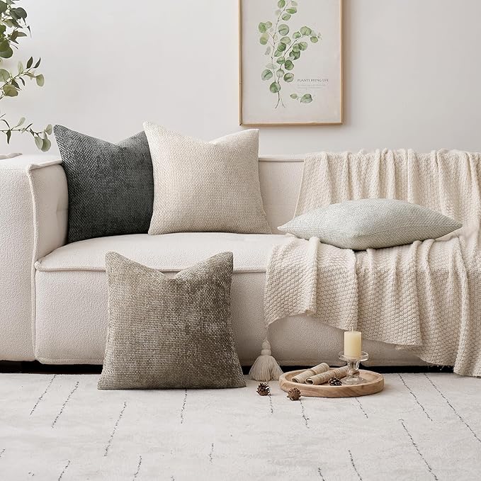 MIULEE Pack of 4 Couch Throw Pillow Covers 26x26 Inch Neutral Soft Decorative Chenille Pillow Covers Farmhouse Boho Accent Cushion Covers for Mid Century Modern Home Decor Sofa Bedroom Living Room