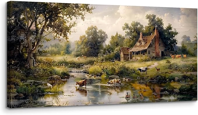crmotu Large Canvas Wall Art, Farm Landscape Painting Art Prints, Forest Cottage Scenery Aesthetic Pictures, River Animal Cow Duck Modern Farmhouse Wall Decor Living Room Bedroom Kitchen 20"X40"