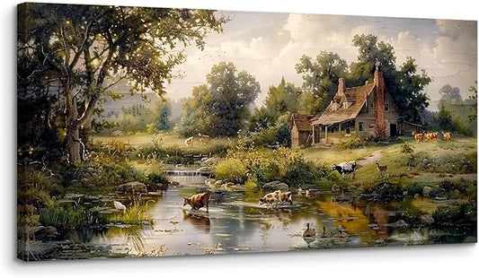 crmotu Large Canvas Wall Art, Farm Landscape Painting Art Prints, Forest Cottage Scenery Aesthetic Pictures, River Animal Cow Duck Modern Farmhouse Wall Decor Living Room Bedroom Kitchen 20"X40"