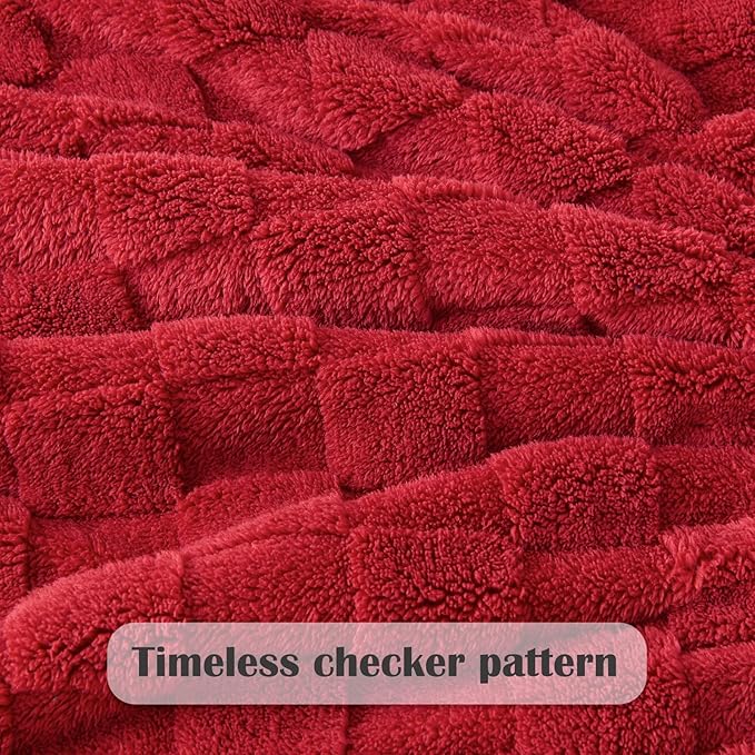 NEWCOSPLAY Super Soft Queen Blanket Red Premium Silky Flannel Fleece 3D Checkered Lightweight Bed Blanket All Season Use (Red Checkered, Queen(90"x90"))