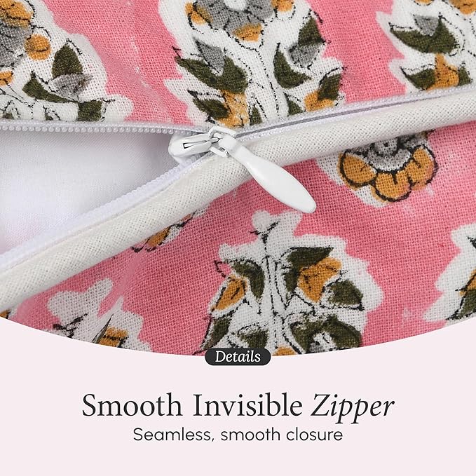 CPC 100% Cotton Throw Pillow Covers 24x24 Inch, Set of 2 Green Block Print Pattern Couch Pillow, Cute Boho Decorative Pillows for Living Room, Bedroom with Hidden Zipper- Poppy Pink