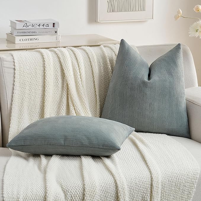 FUTEI Dark Grey Chenille Decorative Throw Pillow Covers 12x20 Inch Set of 2,Soft Cozy Striped Geometric Patterns Lumbar Pillow Cases,Modern Home Decor for Couch Bed Living Room