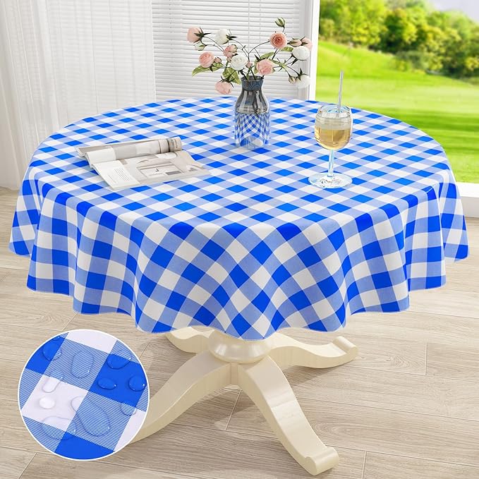 misaya Round Waterproof Vinyl Table Cloth, Buffalo Flannel Backed Tablecloth, Wipeable Plastic Table Cover for Dinner, Kitchen, Picnic (60", White and Blue)