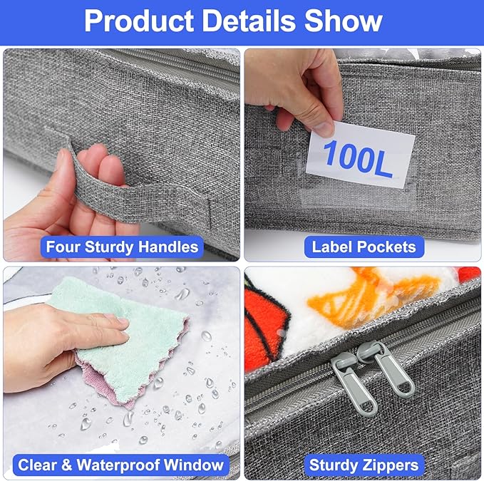 punemi Under Bed Storage Containers (Soft-Sided) - 8-Pack, 100L Extra Large, Zippered Flat Storage Bins for Blankets, Winter Clothing & Shoes - Thick Fabric, 40x20x7.5 Inches, Grey