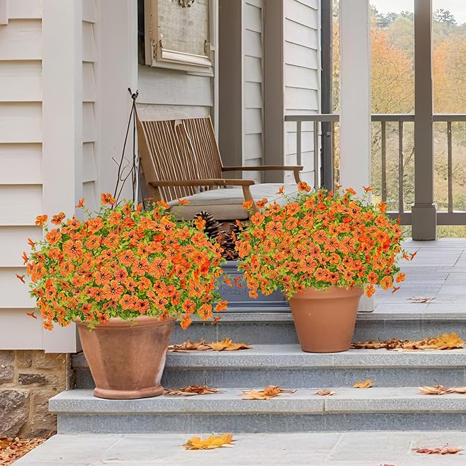 Agusbagli 24 Bundles Artificial Fall Flowers Outdoor UV Resistant Autumn Fake Flowers No Fade Faux Plastic Greenery Shrub Plants for Wedding Garden Window Box Fireplace Home Decor, Orange