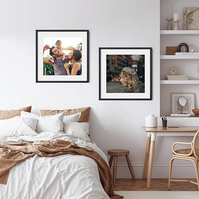 Fun Memories 20x20 Square Picture Frames, Rustic Solid Oak Wood Frame 20 x 20 for Wall, Wooden 20 by 20 Photo Frames with Tempered Real Glass, 20x20 Frame Matted to 16x16, Black Color, Set of 2