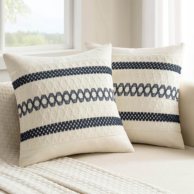 MIULEE Set of 2 Navy Blue Boho Decorative Pillow Covers 18x18 Inch Farmhouse Rustic Couch Throw Pillows Modern Spring Cotton Cushion Covers Retro Cute Macrame Woven Home Decor for Bed Sofa Chair
