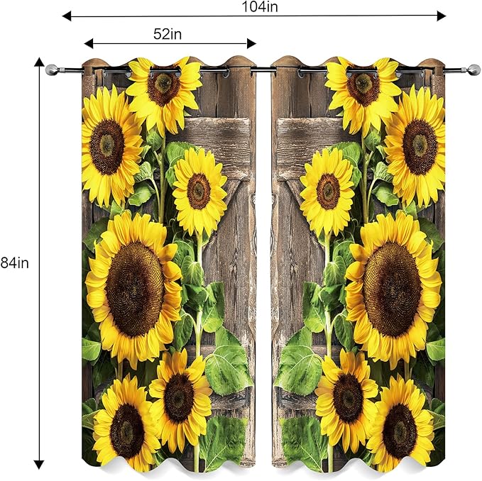 Sunflower Wood Barn Door Floral Blackout Curtains Flower Rustic Brown Vintage Wooden Farmhouse Decor Women Girl Ladies Home Bedroom Living Room Darkening Grommet Window Drapes 2 Panel Set, 52x84 Inch
