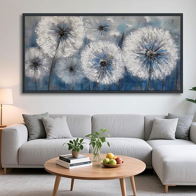 Dandelion Wall Art Blue Large Picture for Living Room Canvas Art Wall Decor Above Bed White Flower Artwork for Walls Paintings Modern Art Aall Decor Framed Wall Art for Bedroom 29×58IN