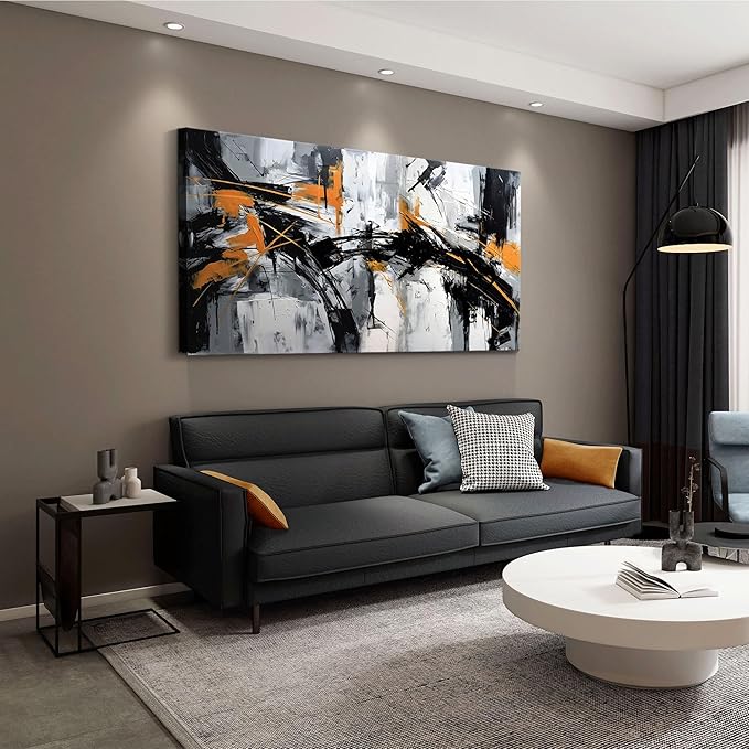 Large Abstract Canvas Wall Art Black and Orange Modern Wall Art for Living Room - Canvas Wall Decor for Office and Home - Framed Artwork for Walls Pictures for Bedroom Wall Decor 29×58IN