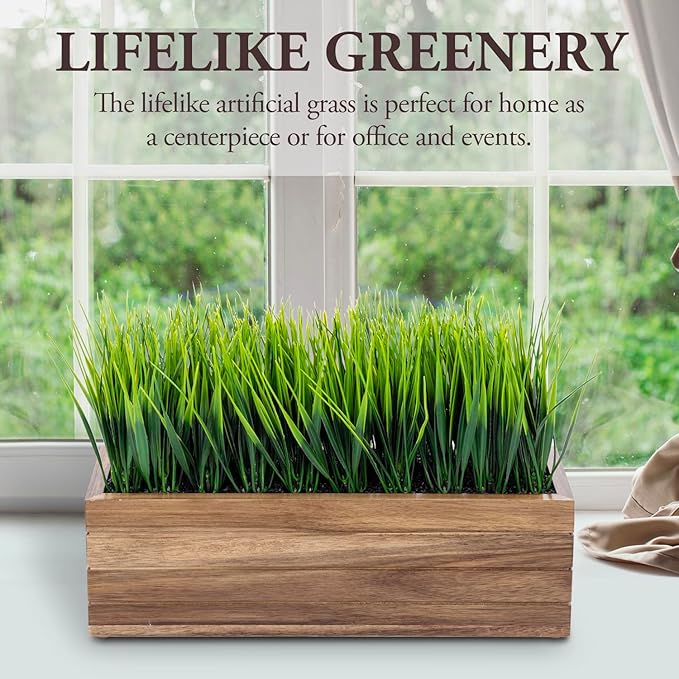 MyGift 14 Inch Artificial Green Grass Plant in Solid Acacia Wood Planter Window Box, Faux Greenery in Decorative Rectangular Crate Style Wooden Container