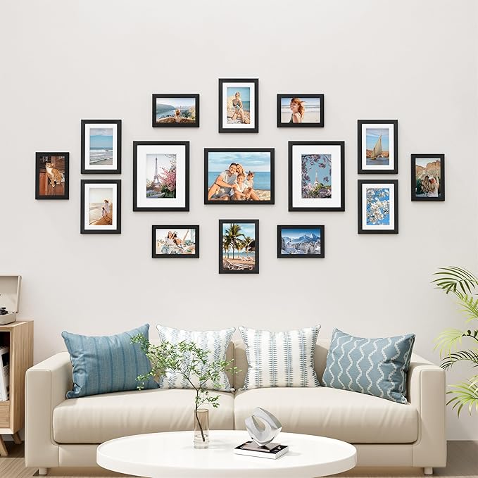 Vittanly 15 Pack Picture Frames Collage Wall Decor for Mounting or Tabletop Display, Gallery Frame Set for Family, Multi Sizes Including 3pcs 8x10, 6pcs 5x7, 6pcs 4x6, Black