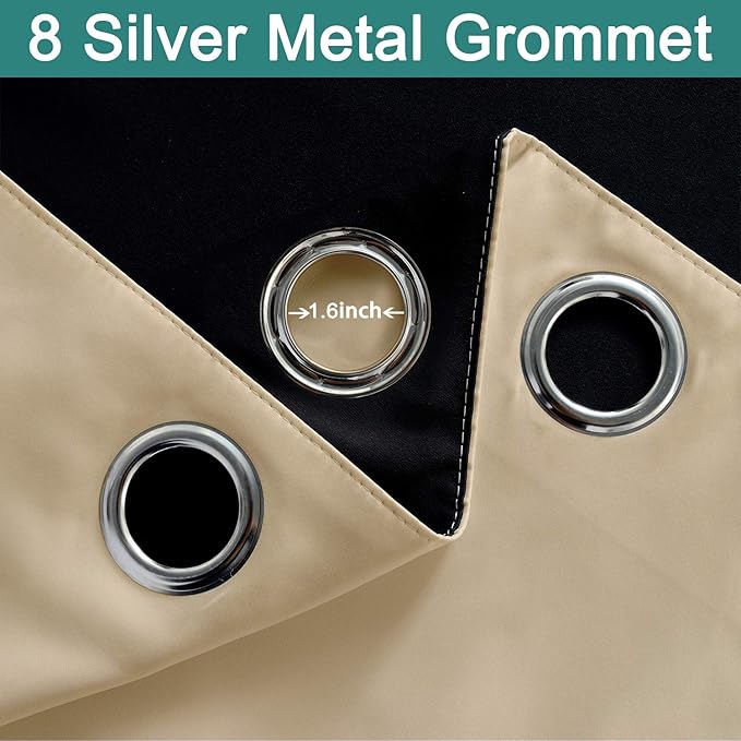 Yakamok Beige 100% Blackout Curtains for Bedroom with Black Liner, 2 Thick Layers Full Room Darkening Thermal Insulated Noise Reducing Grommet Blackout Curtains (52Wx54L, 2 Panels)