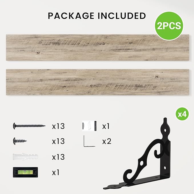 RICHFOCUS Floating Shelves for Wall Decor, 55.1W x 8D Shelves Set of 2, 8 Inch Deep Rustic Wood Shelves Wall Mounted with Brackets, Long Floating Shelves for Living Room Bedroom Kitchen, Grey