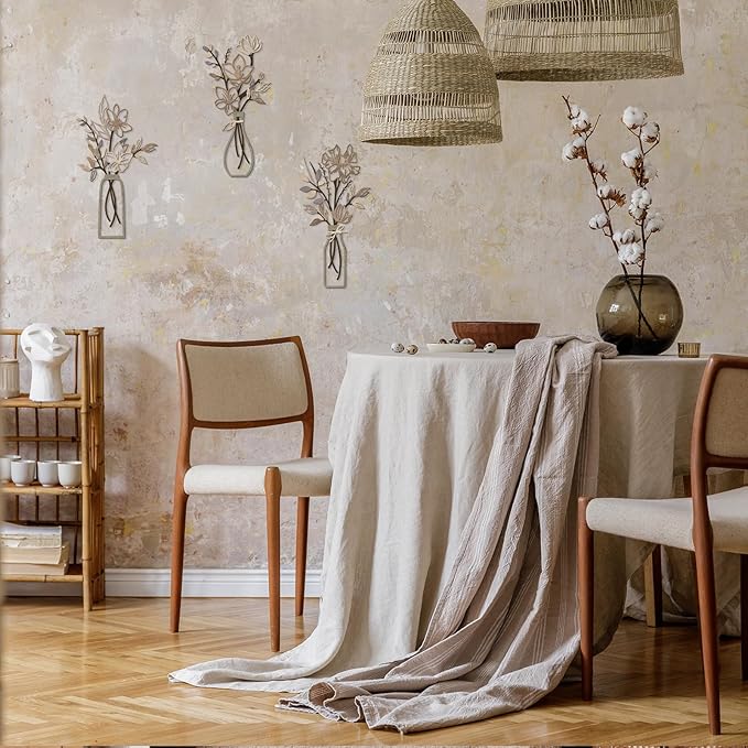 ARTINME 3 Pieces Metal Flowers Wall Arts - Rustic Farmhouse Decor Minimalist Flower Wall Decors for Living room Bathroom Kitchen Bedroom Dining Room - Housewarming Gifts (Brown)