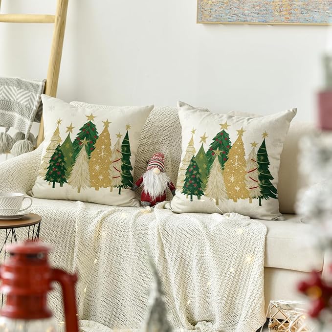 AVOIN colorlife Christmas Trees Star White Throw Pillow Covers Set of 2, 18 x 18 Inch Snowflake Seasonal Winter Holiday Cushion Case Decoration for Sofa Couch