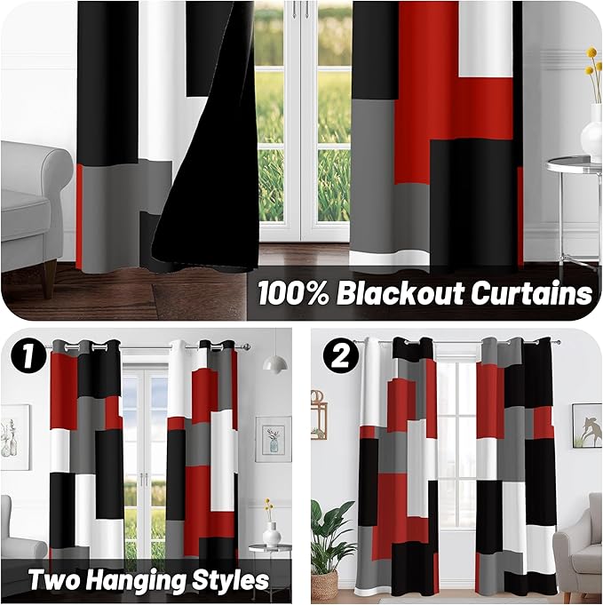 Red Black 100% Blackout Curtains for Bedroom 84 inch Length 2 Panels Set White Grey Modern Abstract Geometric Black Out Curtains Insulated Room Darkening Window Drapes for Living Room, 42Wx84L
