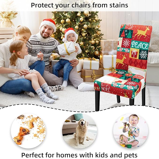 Christmas Chair Covers for Dining Chairs, Stretch Dining Covers, Dining Room Chair Covers Set of 4/6, Removable Washable Dining Chair Slipcovers for Home Hotel Banquet Holiday Decoration (1, 6pcs)