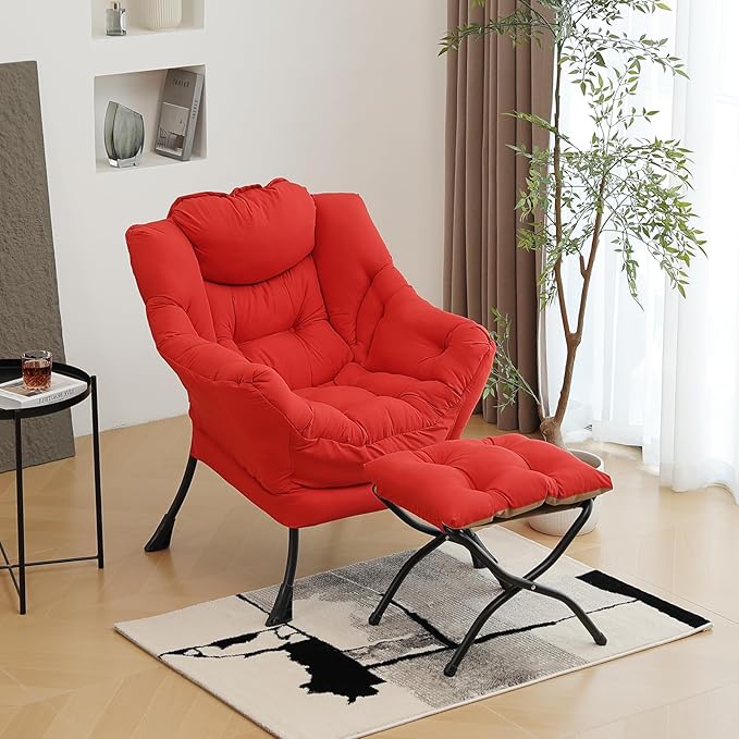 Modern Lazy Chair with Folding Footrest, Lounge Accent & Comfortable Reading Chair (Red)