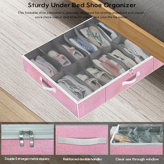 Onlyeasy Large Under Bed Shoe Organizer Container Box, Set of 2, Fit 16 to 32 Pairs of shoes, Underbed Shoes Closet Storage Solution, L37.7x W23.6x H5.9 inch, Cotton-like Pink, MXPUBS16P2