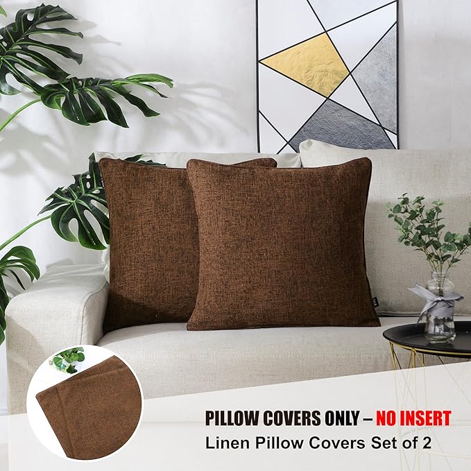 HPUK Linen Throw Pillow Covers Pack of 2, 18x18 Inch Accent Cushion Covers for Living Room, Bedroom, Decorative Solid Color Pillow Covers for Couch, Sofa, Chair, Chocolate