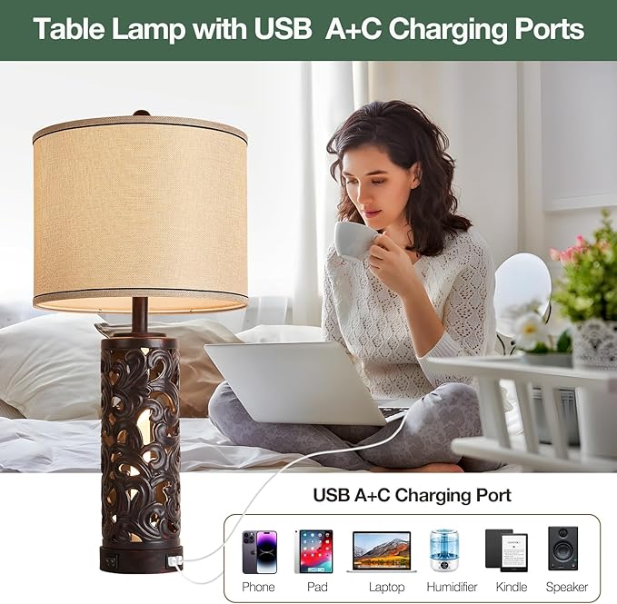 AIDENOEY Set of 2 Table Lamps with Night Light, 28" Farmhouse Table Lamp with USB A+C Ports,Brown Ceramic Bedside Lamp with Fabric Shade for Living Room,Bedroom,Home,Office(2 Bulbs Included)