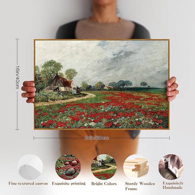 crmotu Vintage Framed Wall Art, Flower Field Farmhouse Landscape Painting, Daisy Floral Canvas Art Prints, Countryside Scenery Retro Wall Decor Living Room Kitchen Bedroom Decor Aesthetic 16x24in