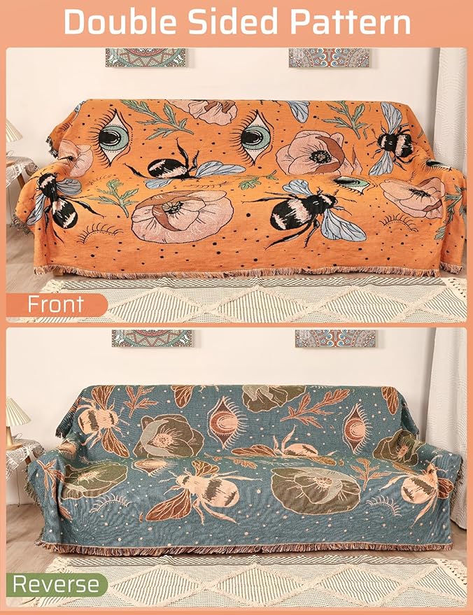 Boho Throw Blanket for Bed Couch Sofa Reversible Cotton Bohemian Travel Boho Quilt Mexican Muslin Blanket Tapestry Hippie Room Decor Outdoor Blanket Double Sided (Boho Bee Yelow 60"x80")