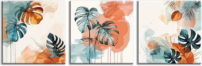 NAN Wind 3Pcs Abstract Tropical Leaves Canvas Art Modern Botanical Wall Decor Teal and Orange Leaf Minimalist Jungle Wall Art Framed Contemporary Nature-Inspired Print for Living Room or Bedroom