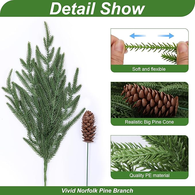 Artificial Christmas Norfolk Pine Stems Branches for Vases,12 Bundles Faux Pine Branches with 5 PCS Big Pinecones Stems Fake Greenery Evergreen Real Touch for Holiday Winter Table Xmas Decor