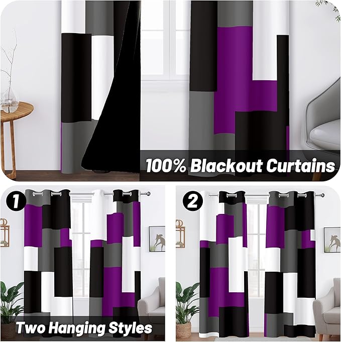 Purple 100% Blackout Curtains for Bedroom 72 inch Length 2 Panels Set Grey Modern Abstract Geometric Black Out Curtains Thermal Insulated Room Darkening Window Drapes for Living Room, 42Wx72L