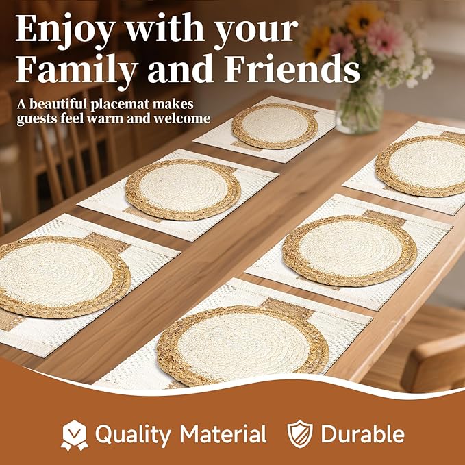 Handmade Boho Placemats Set of 6 - Natural Cotton Burlap and Water Straw Woven Combination Table Mats, Macrame Décor and Farmhouse Style Placemats, for Dining Table Kitchen (Natural, 6PC)
