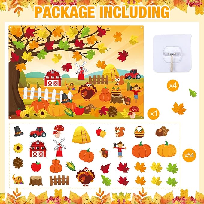 Fall Felt Story Board Set 3.4FT 55 Pcs Autumn Wall Activity Board Thanksgiving DIY Craft Wall Decor Pumpkin Turkey Flannel Storytelling Ornaments for Autumn Harvest Gift (55, Fall)