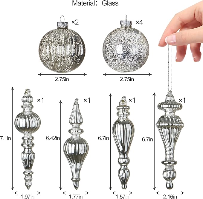 Mercury Glass Christmas Ornaments Silver Hanging Balls with Different Shapes for Xmas Tree Decor,Vintage Finials Luxury Christmas Decoration Hanging Bauble for Neutral Holiday Winter Wedding-Set Of 10