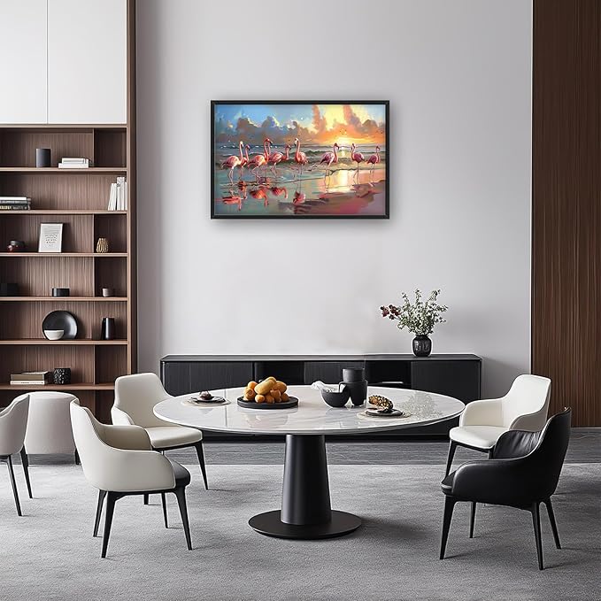 Flamingo Large Framed Wall Art Oversized Sea Coastal Beach Sunrise Pictures Wall Decor Seascape Canvas Print Painting Aesthetic Modern Artwork for Living Room Bedroom Office Bathroom Home Decor 36L"x24W"