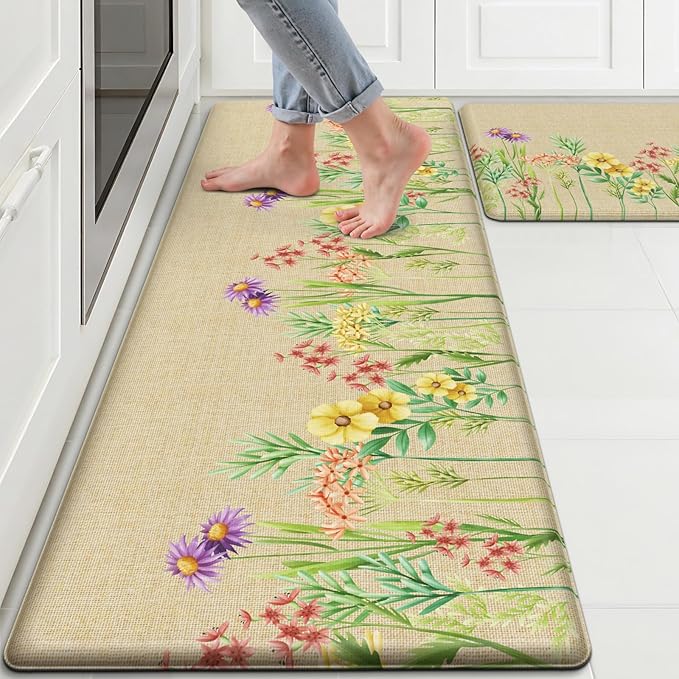 Kitchen Mats for Floor, 2-Piece Anti-Fatigue Waterproof Kitchen Rugs for Apartment Decor, Easy-Clean Standing Mat with Non-Slip Back for Home, Office, Laundry (17.3"×47" +17.3"×30")