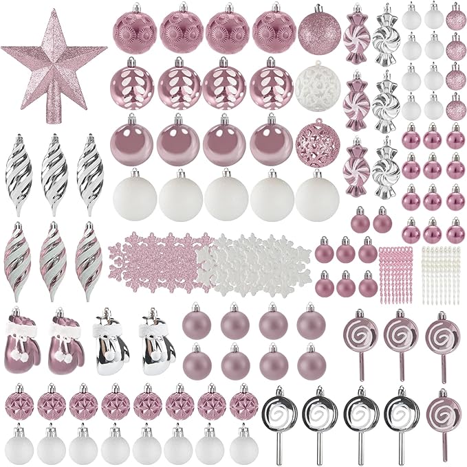 130 Pcs Christmas Ball Ornaments, Christmas Tree Decoration Set Red Christmas Ball Shatterproof Hanging Ornament Decorations for Christmas Tree, Wreaths, and Outdoor Displays (Pink)