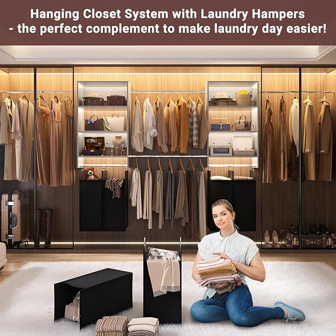 Hanging Closet System with 2 Laundry Hampers, Wood Closet Organizer System with Towers and Hanging Rods, Fits 2-10 Ft. Wall Mounted Closet Systems for Walk-in Closet, Laundry Room, Grey