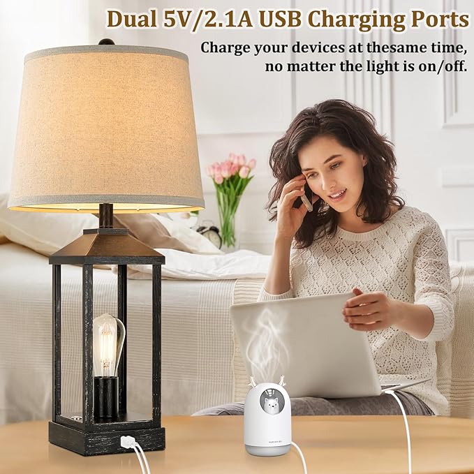 Brightever 28" Farmhouse Table Lamps Set of 2, Black Bedside lamp with USB Charging Ports, 3-Way Dimmable Touch Control Nightstand Lamps,Tall Table Lamp for Living Room, 4 Bulbs Included