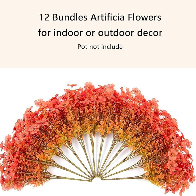 Artificial Flowers for Outdoor Indoor Garden Home Decoration, Faux Flower Daisy with Eucalyptus Leaves Fake Plants Greenery Boxwood Porch Patio, 12 Bundles (Fall Orange)