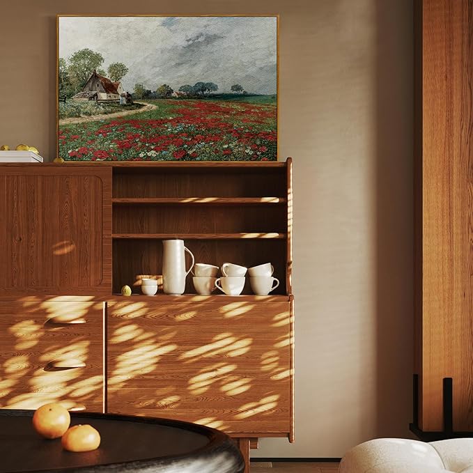 crmotu Vintage Framed Wall Art, Flower Field Farmhouse Landscape Painting, Daisy Floral Canvas Art Prints, Countryside Scenery Retro Wall Decor Living Room Kitchen Bedroom Decor Aesthetic 16x24in