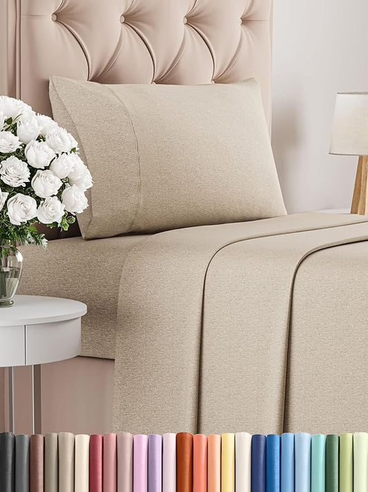 Twin Size 3 Piece Sheet Set - Comfy Breathable & Cooling Bed Sheets Set - Hotel Luxury Bedding for Women, Men, Kids, Teens, Boys & Girls - Deep Pockets, Soft & Wrinkle Free - Beige (Heathered Sheets)