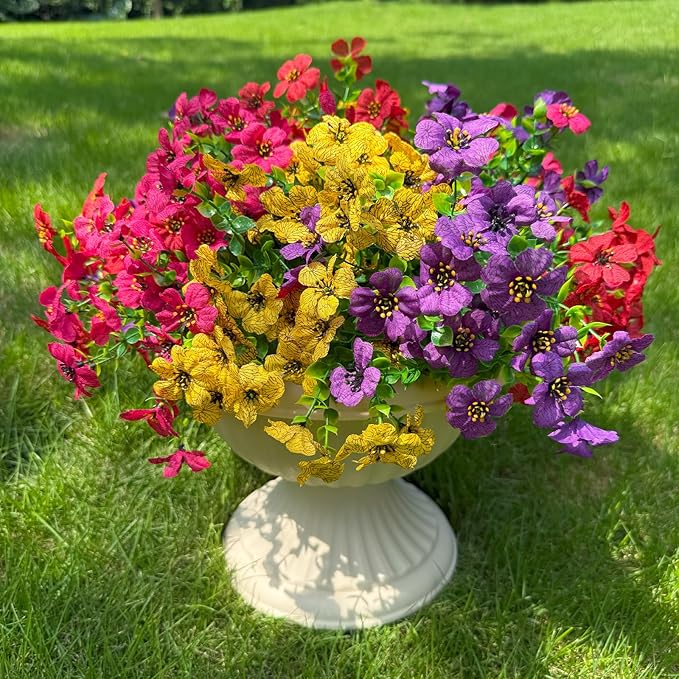 Artificial Flowers for Outdoor Indoor Garden Home Decoration, Faux Flower Daisy with Eucalyptus Leaves Fake Plants Greenery Boxwood Porch Patio, 12 Bundles (Mix Red Purple Yellow Fuchsia)
