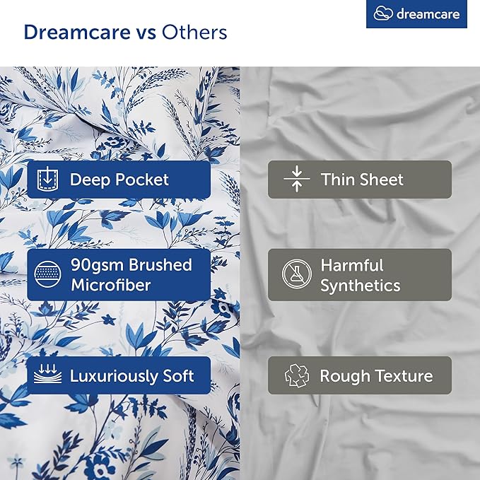 DREAMCARE Twin Size Sheets - Cooling Bed Sheets - Twin Sheet Set - Soft & Long Lasting 100% Fine Brushed Floral Blue Sheets