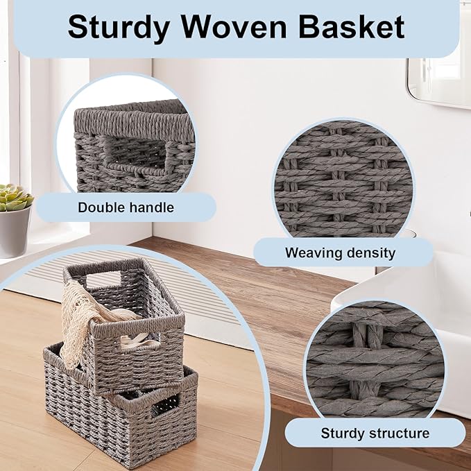 OIAHOMY Wicker Baskets, Paper Rope Storage Baskets for Organizing with Built-in Handles, 2 Packs-Grey