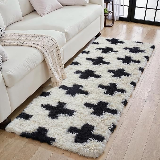 Checkered Area Rug 2x6 for Bedroom, Black and White Modern Shag Rug Super Soft Runner Carpet Washable Fluffy Rugs for Living Room Bedside Sofa Home Dorm Decor Aesthetic