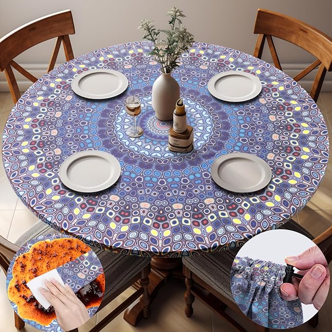 Fitted Round Tablecloth for 45-54" Inch Table Boho Waterproof Vinyl Reusable Summer Fall Tableclothes Campers Inside Outdoors Supplies Kitchen Dining Room Needs White Elephant Gifts