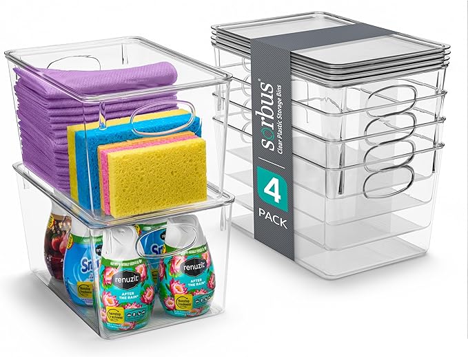 Sorbus Large Clear Plastic Storage Bins with Lids, Clear Stackable Storage Bins, Laundry Room Organizer Bins, Office, Classroom, Playroom, Bathroom, Laundry Room Organization and Storage (4 Pack)